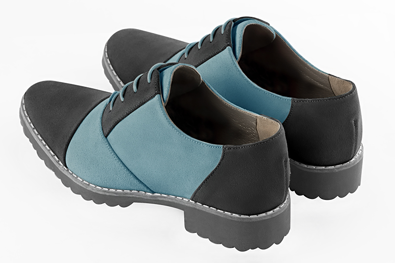 Dark grey and sky blue women's casual lace-up shoes. Round toe. Flat rubber soles. Rear view - Florence KOOIJMAN